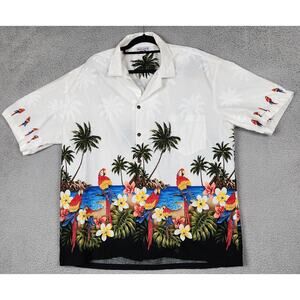PACIFIC LEGEND Shirt Mens 2XL White Embroidered Parrots Beach Vacation Tropical